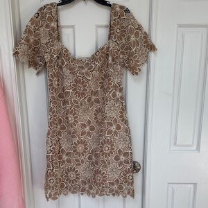 Storia Floral Lace Mini Dress in Cream and Brown